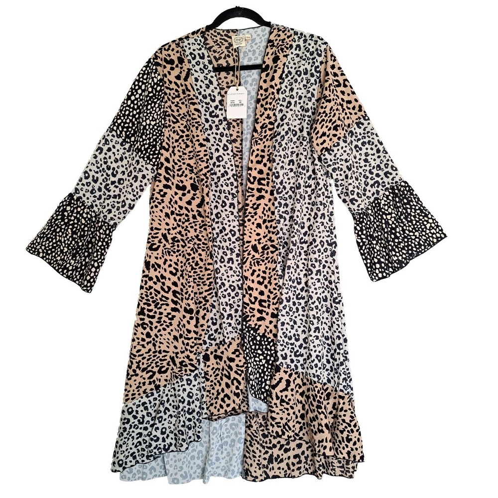 Southern Grace Leopard Print Kimono Duster Women's S/M Bell Sleeve‎ Patchwork